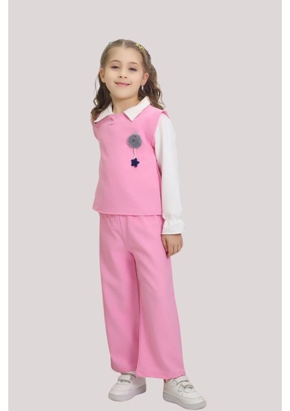 Pembe Yelek Detaylı Üç Parça Takım (7-10 Yaş)