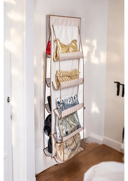 Pembe Çizgili Çanta Organizeri, 10 Cepli, Kumaş, 45x125 cm, Pratik Saklama Çözümü