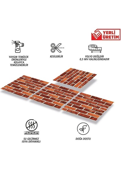 Kendinden Yapışkanlı Kırmızı Tuğla Desenli Pvc Karo 30X30 cm (33 Adet) 3 M2
