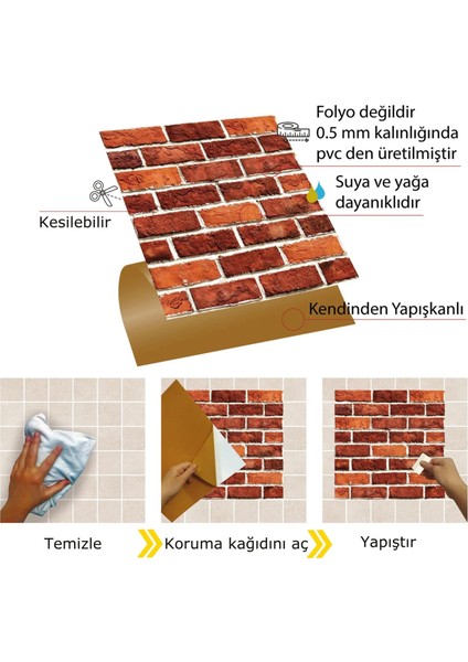Kendinden Yapışkanlı Kırmızı Tuğla Desenli Pvc Karo 30X30 cm (33 Adet) 3 M2