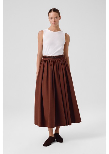 Kahverengi Cep Detaylı Uzun Kloş Etek