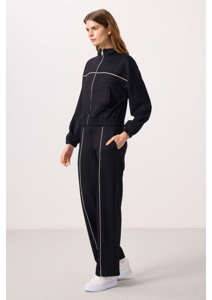 Siyah Yumuşak Dokulu Dik Yaka Oversize Lastikli Kadın Eşofman Takım - 95349
