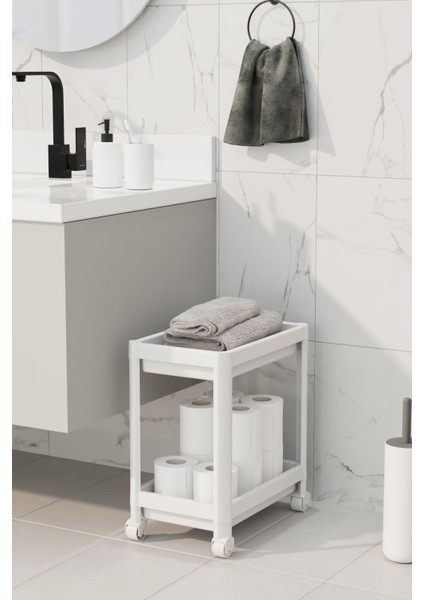 Beyaz 2 Katlı Tekerlekli Banyo ve Mutfak Rafı, Plastik, 34x25 cm fiyatları