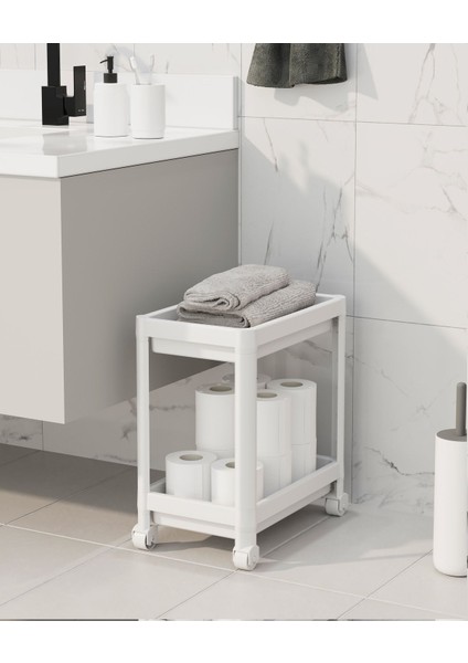 Beyaz 2 Katlı Tekerlekli Banyo ve Mutfak Rafı, Plastik, 34x25 cm modelleri