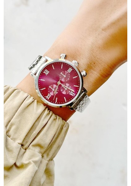Massa Gri Kordon Bordo Kadran Kadın Kol Saati