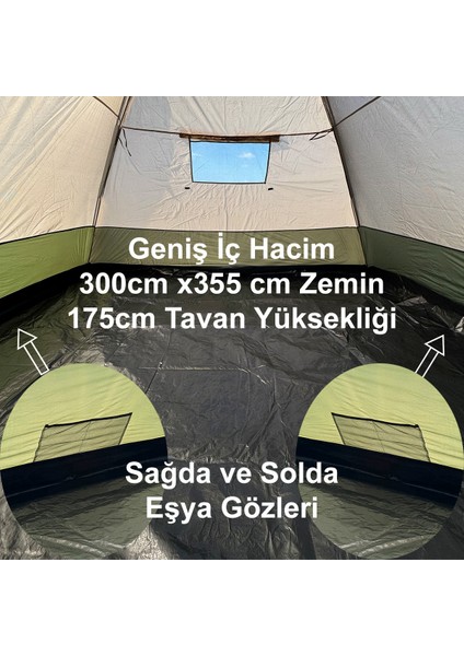 8 Kişilik Kamp Çadırı Aile Boy 3 Mevsim Çift Katmanlı Çift Renk Kumaş 300CM x 355CM x 175CM