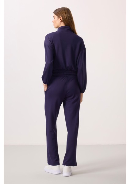 Koyu Mor Yumuşak Dokulu Dik Yaka Oversize Lastikli Kadın Eşofman Takım - 95349