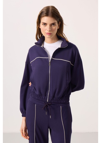 Koyu Mor Yumuşak Dokulu Dik Yaka Oversize Lastikli Kadın Eşofman Takım - 95349