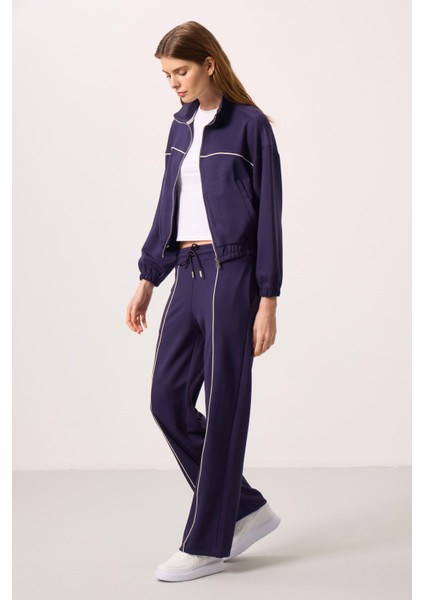 Koyu Mor Yumuşak Dokulu Dik Yaka Oversize Lastikli Kadın Eşofman Takım - 95349