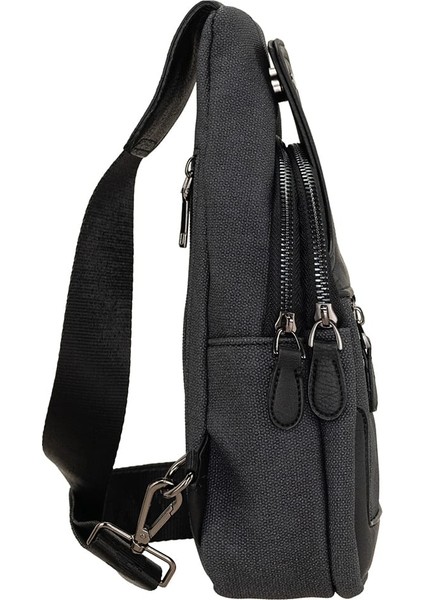 Unisex Çapraz Askılı El Göğüs ve Omuz Çantası Kanvas Kumaş ve Vegan Deri - Siyah fırsatları
