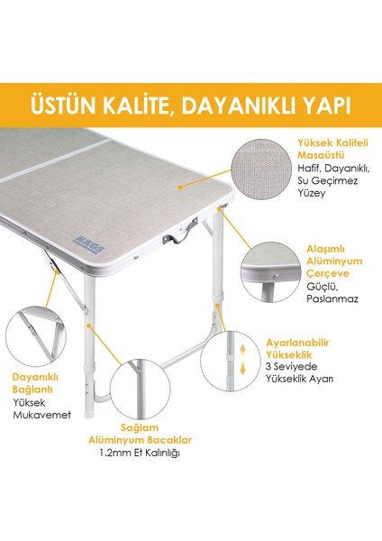 Portatif Kamp Masası, 2 Yükseklik Ayarlı, Katlanır Alüminyum Piknik Masası 90X50 Naturel Meşe