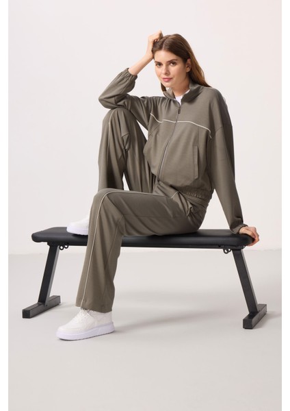 Koyu Bej Yumuşak Dokulu Dik Yaka Oversize Lastikli Kadın Eşofman Takım - 95349