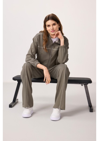 Koyu Bej Yumuşak Dokulu Dik Yaka Oversize Lastikli Kadın Eşofman Takım - 95349