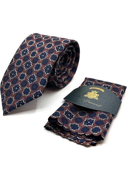 Kahverengi Motif Desen Mendilli Klasik Kravat KK12967