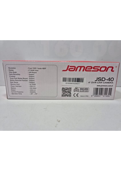 Dvr Kamera - Jameson Jsd-40 - Araç Iç Dış Kayıt , Park Kameralı Hareket Sensörlü Dvr Kamera
