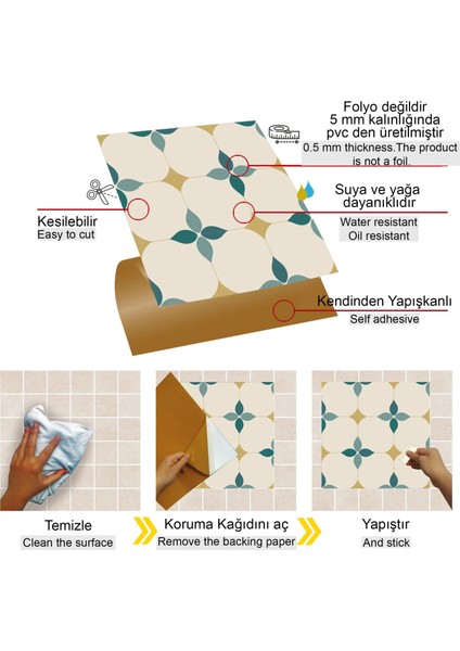 Kendinden Yapışkanlı Zümrüt Çiçekli Desenli Pvc Karo 30X30 cm (33 Adet) 3 M2