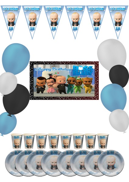 Patron Bebek Bayraklı ve Afişli 8 Kişilik Baby Boss Doğum Günü Parti Malzemeleri Süsleri Seti
