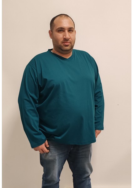 Büyük Beden Ünisex V Yaka Uzun Kol