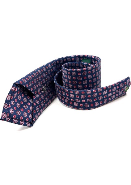 Lacivert - Kırmızı Motif Desen Mendilli Klasik Kravat KK12986