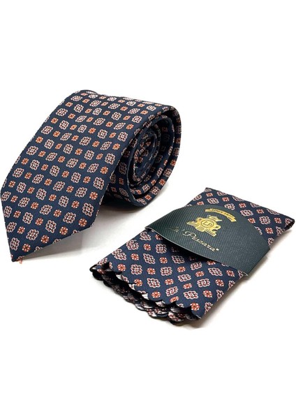 Turuncu - Laci Motif Desen Mendilli Klasik Kravat KK12984