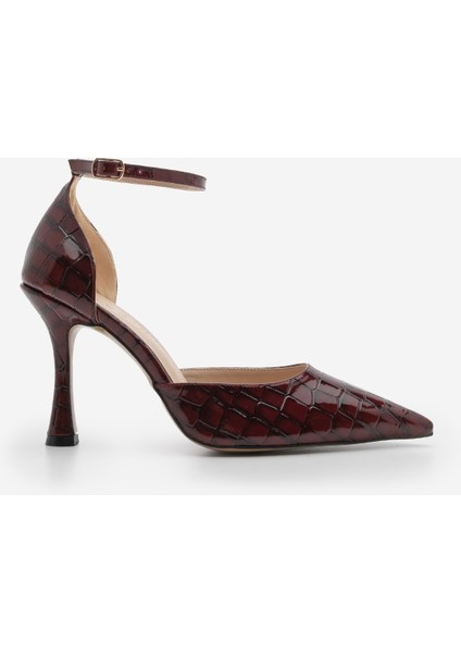 Kadın Stiletto Sivri Burun Bilekten Bağlamalı Croco Topuklu Ayakkabı Menlit modelleri