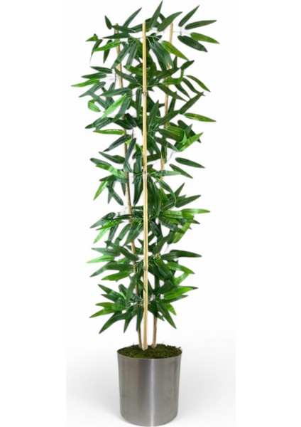 Dekoratif Yapay Yapraklı 3 Gövde Bambu Ağacı 120 cm Bambu metal saksı