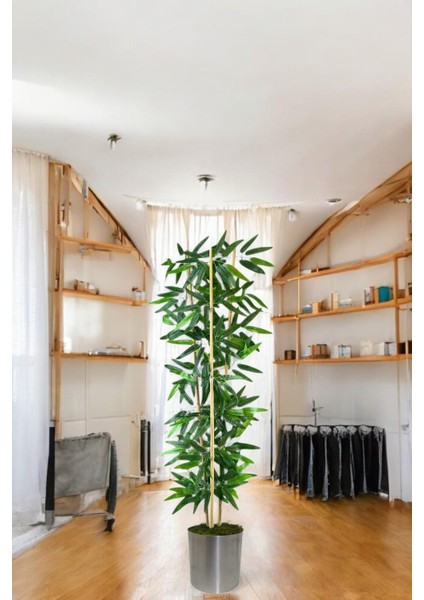 Dekoratif Yapay Yapraklı 3 Gövde Bambu Ağacı 120 cm Bambu metal saksı