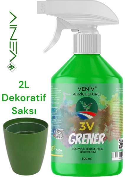 3V grener Bitki Besini 500 ml + 2l Dekoratif Saksı Seti - Bitki Bakım Seti