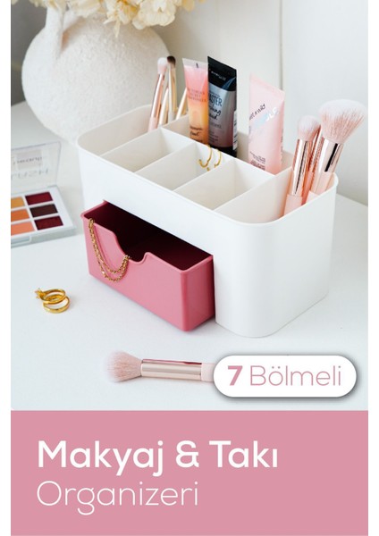 7 Bölmeli Pembe Çekmeceli Düzenleyici, Makyaj ve Takı Organizatörü