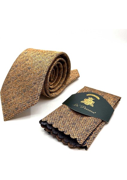Sarı Kare Desen Mendilli Klasik Kravat KK13063