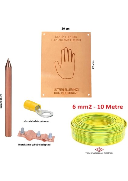 Statik Elektrik Topraklama Levha Seti 02 (Levha + Topraklama Çubuğu+Topraklama Kablosu 10 Metre +Bağlantı Mlz)