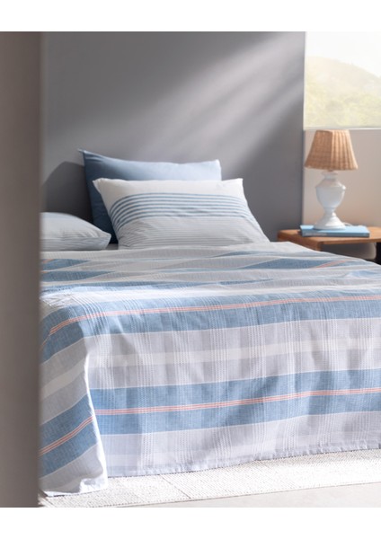 Henri King Size Pamuklu Ecocell Baskılı Pike Takımı - Mavi