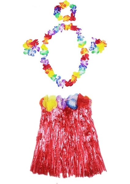 Luau Aloha Hawaii Kolye Etek Taç ve Bileklik Seti Kırmızı (4172)