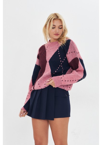 Pudra-Bodro-Lacivert Baklava Desen Oversize Triko indirimleri