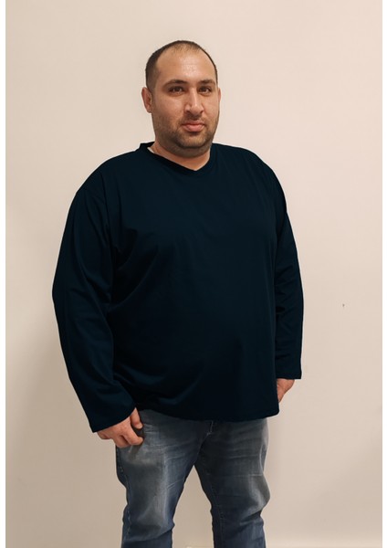 Büyük Beden Ünisex V Yaka Uzun Kol