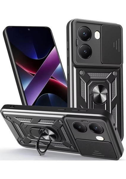 Xiaomi Poco X7 Pro Uyumlu Kılıf Yüzüklü Sürgülü Kamera Korumalı Pars Siyah + Ekran Koruyucu