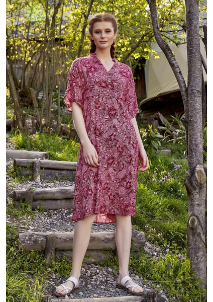 Düğme Detaylı V Yaka Yarım Kol Yazlık Elbise fiyatları