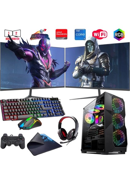 I5 14400F 16GB Ddr4 512GB M2 8gb RX580 Çift 24" Monitörlü Oyun Bilgisayarı (Gaming Set)
