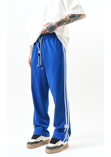 Erkek 3\'lü Şerit Detaylı Interlok Baggy Eşofman Altı Saks