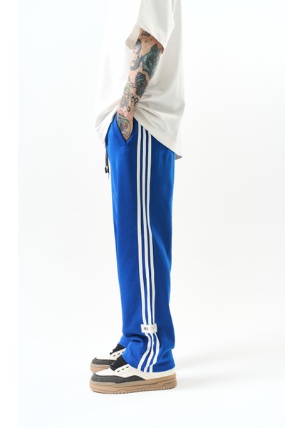Erkek 3\'lü Şerit Detaylı Interlok Baggy Eşofman Altı Saks