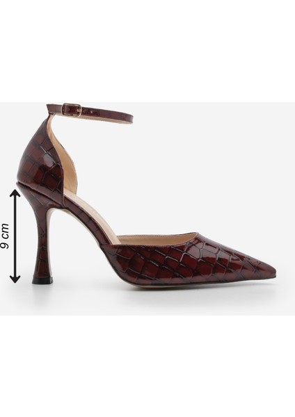 Kadın Stiletto Sivri Burun Bilekten Bağlamalı Croco Topuklu Ayakkabı Menlit