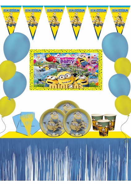 Minions Minyonlar Metalize Masa Etekli 16 Kişilik Doğum Günü Parti Malzemeleri Süsleri Seti