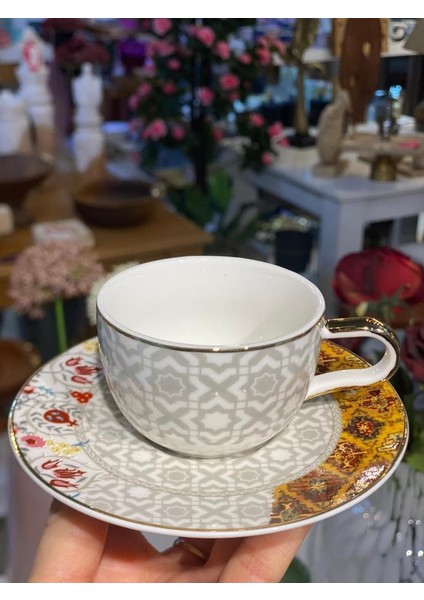 Gri Etnik Desenli 6 Kişilik Türk Kahvesi Fincanı