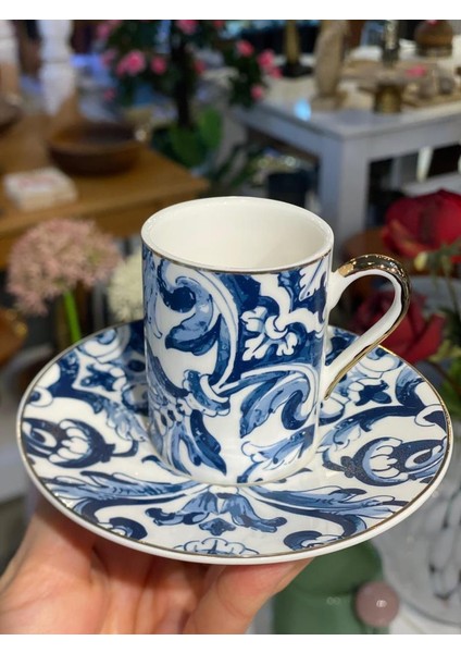 Mavi Şal Desenli 6 Kişilik Türk Kahvesi Fincanı