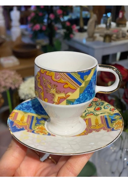 Pembe Mavi Desen 6 Kişilik Türk Kahvesi Fincanı