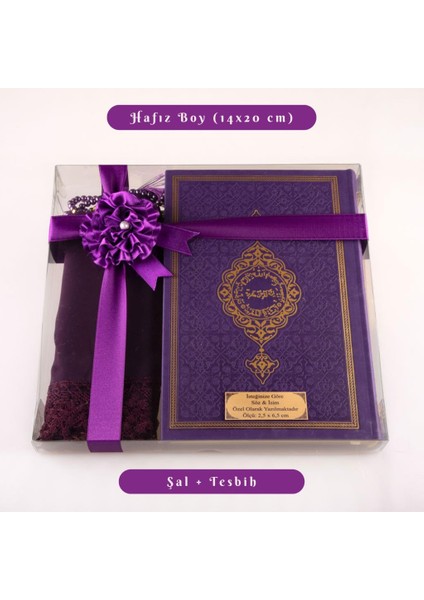 Şal + Tesbih + Kuran Hediye Seti (Hafız Boy, Termo Deri, Mor)
