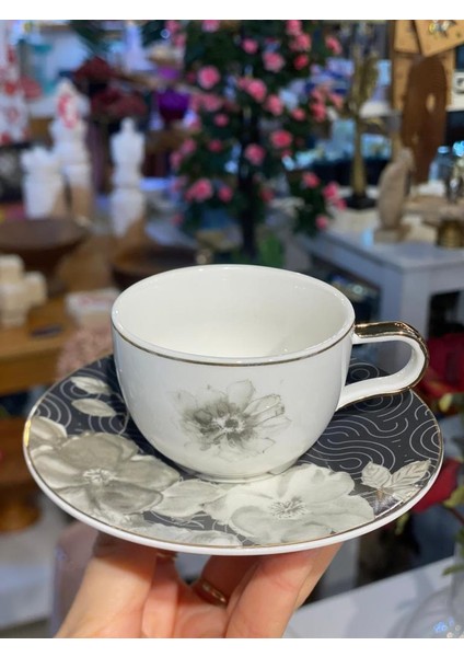 Siyah Çiçek Desenli 6 Kişilik Türk Kahvesi Fincanı