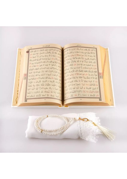 Şal + Tesbih + Kuran Hediye Seti (Hafız Boy, Termo Deri, Beyaz)