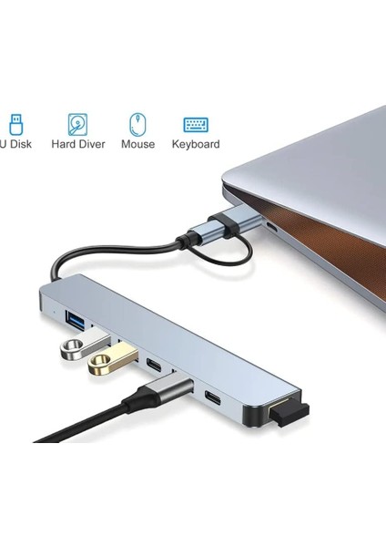 Alüminyum 7in1 USB Hub Usb/type-C To USB 3.0 Tak Çalıştır 100W Pd Şarj MacBook Air/pro Uyumlu