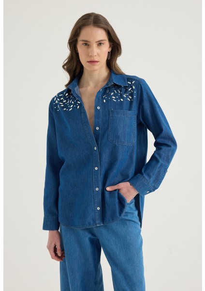 Taş Süslemeli Denim Gömlek